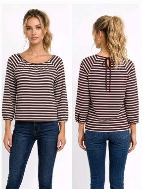 J Crew Brown Striped 3/4 Sleeved Back Tie Cotton Blouse Size S